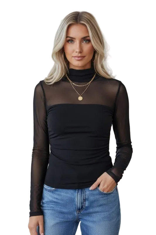 Sheer Mesh Patchwork High Neck Long Sleeve Top - Robbi & Angel