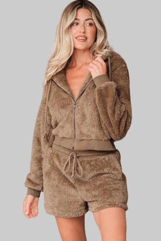 Sherpa Zip - Up Hoodie and Drawstring Shorts Set - Robbi & Angel
