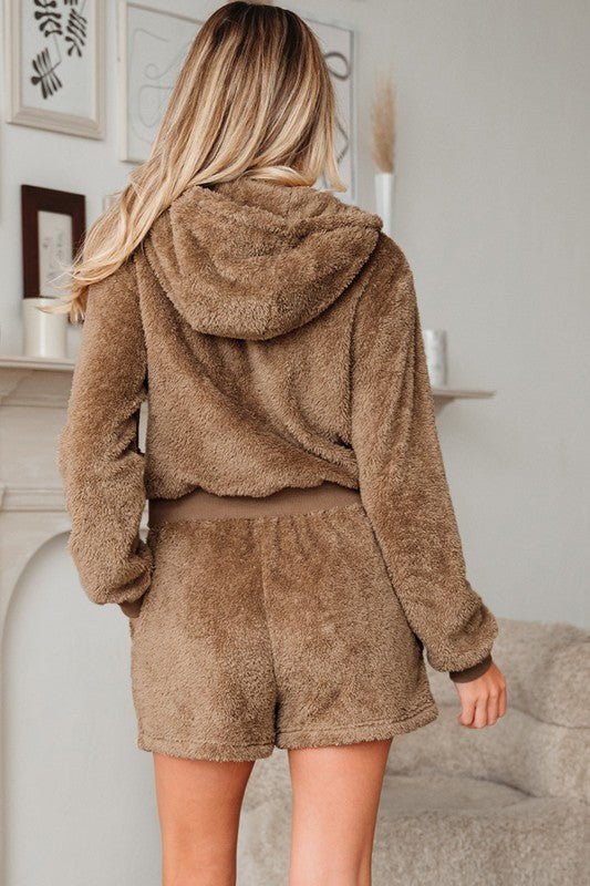 Sherpa Zip - Up Hoodie and Drawstring Shorts Set - Robbi & Angel