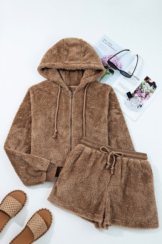 Sherpa Zip - Up Hoodie and Drawstring Shorts Set - Robbi & Angel
