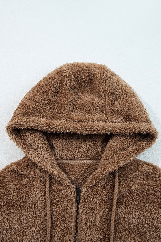 Sherpa Zip - Up Hoodie and Drawstring Shorts Set - Robbi & Angel