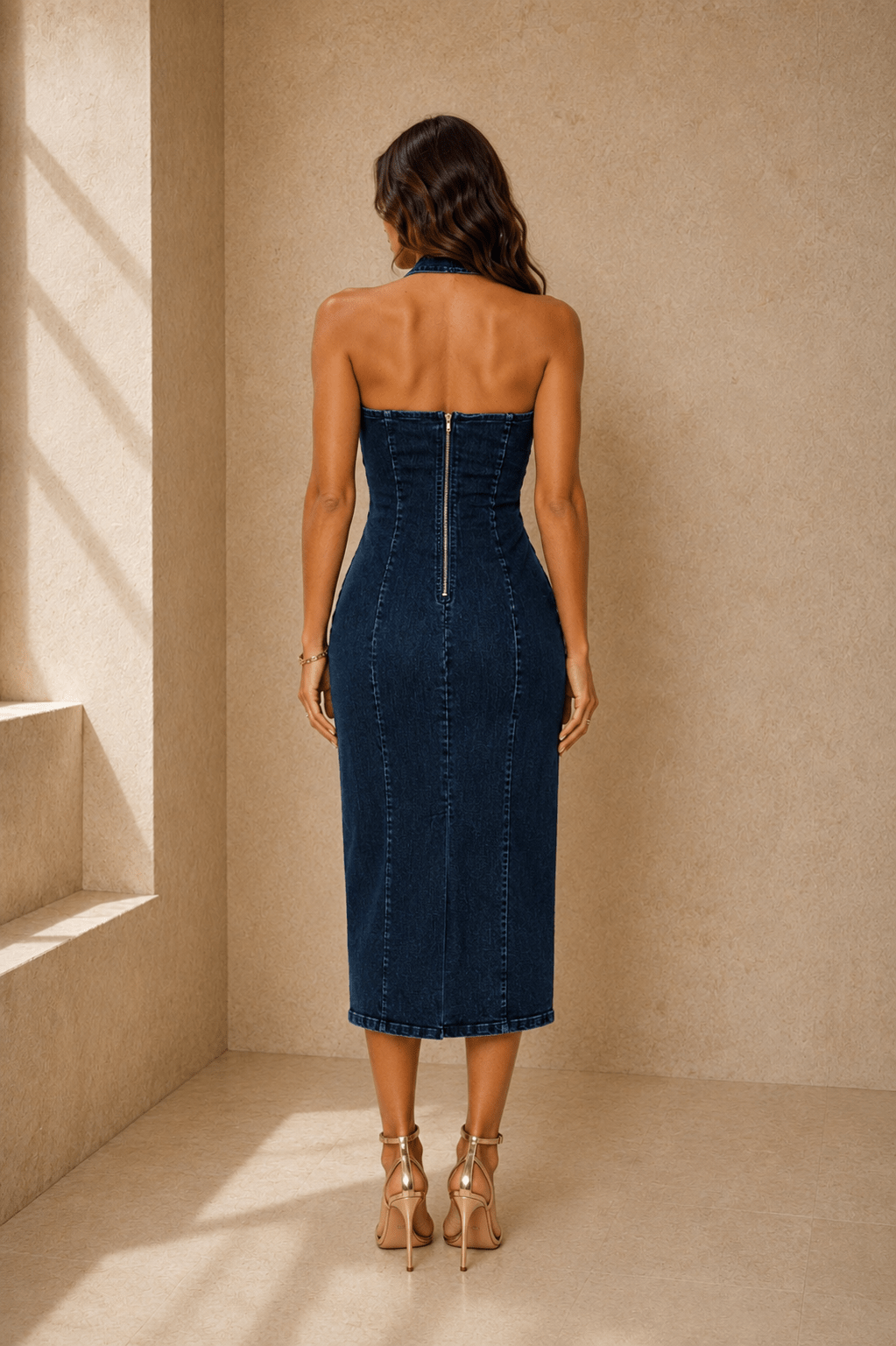 Skye Sleek Halter Midi Denim Dress - Robbi & Angel