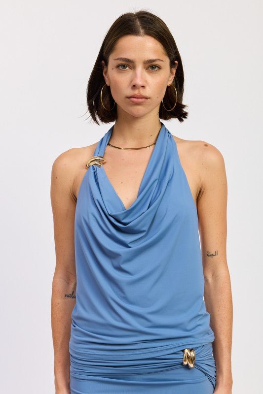 SLEEVELESS COWL NECK TOP WITH GOLD TRIM - Robbi & Angel