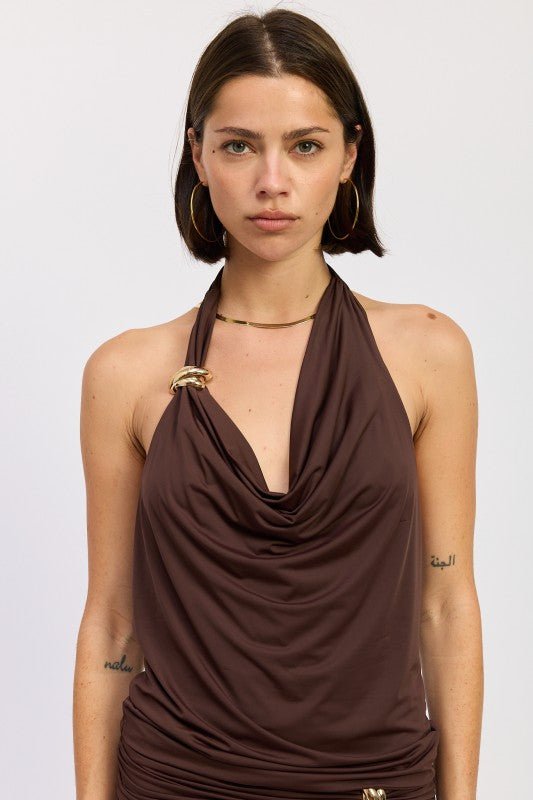SLEEVELESS COWL NECK TOP WITH GOLD TRIM - Robbi & Angel