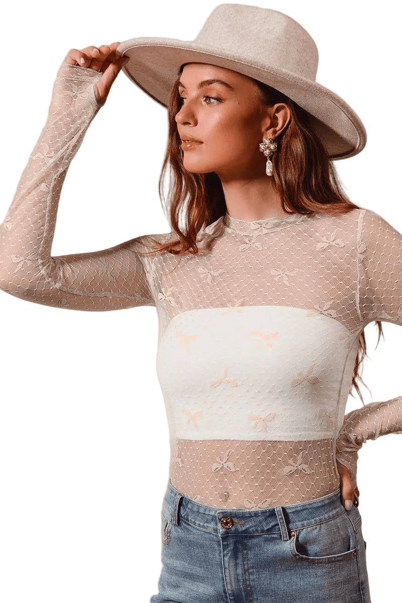 SO ME Bow Ribbon Pattern Sheer Lace Top - Robbi & Angel