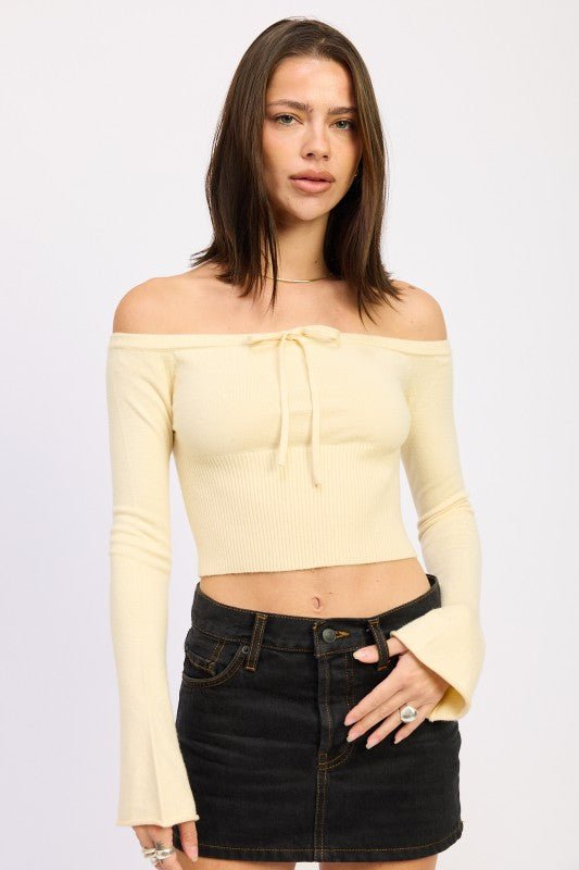 SOFT OFF THE SHOULDER CROPPED TOP WITH FRONT TIE AND BELL SLEEVES - Robbi & Angel