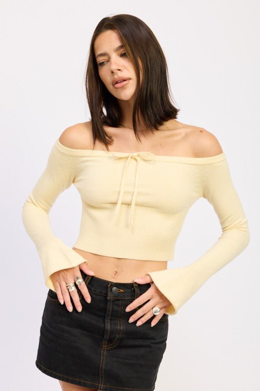 SOFT OFF THE SHOULDER CROPPED TOP WITH FRONT TIE AND BELL SLEEVES - Robbi & Angel