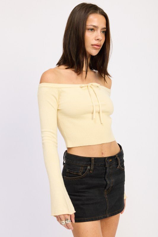SOFT OFF THE SHOULDER CROPPED TOP WITH FRONT TIE AND BELL SLEEVES - Robbi & Angel