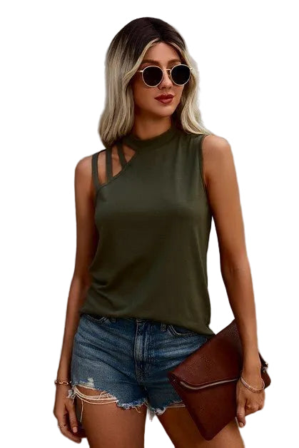 Solid Cold Cut Out Shoulder Sleeveless Top - Robbi & Angel