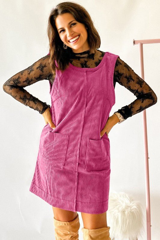 Solid Corduroy Sleeveless Pocketed Mini Dress - Robbi & Angel