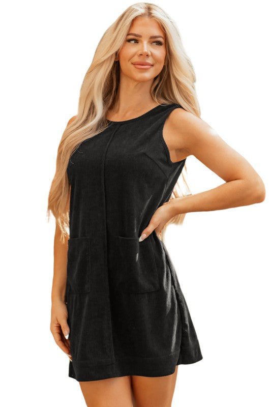 Solid Corduroy Sleeveless Pocketed Mini Dress - Robbi & Angel