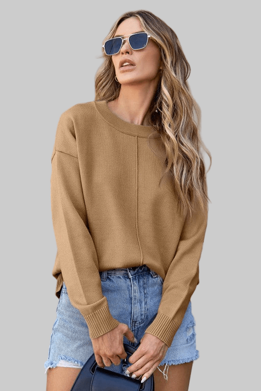 Solid Front Center Seam Drop Shoulder Sweater - Robbi & Angel