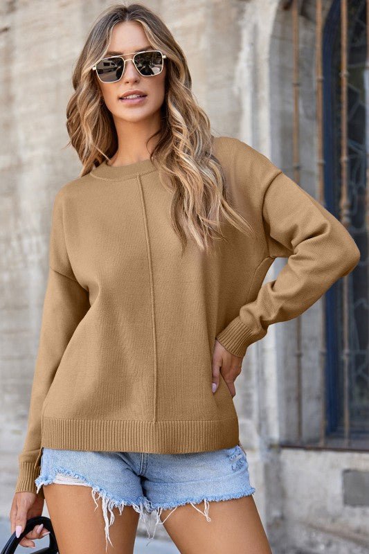 Solid Front Center Seam Drop Shoulder Sweater - Robbi & Angel