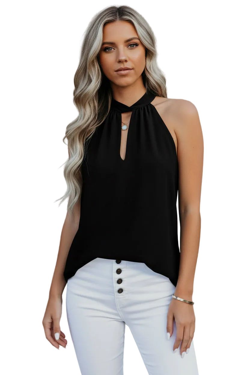 Solid Keyhole Halter Neck Sleeveless Tank Top - Robbi & Angel