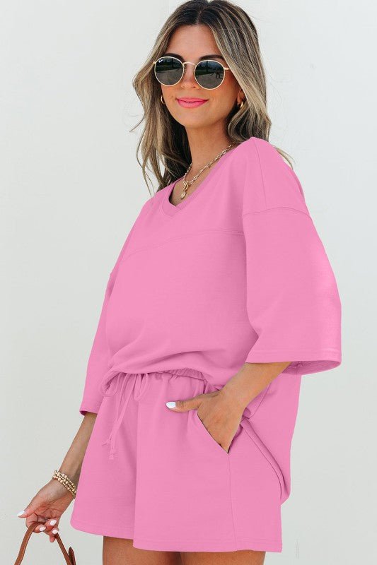 Solid Loose V - Neck Tee & Drawstring Shorts Set - Robbi & Angel