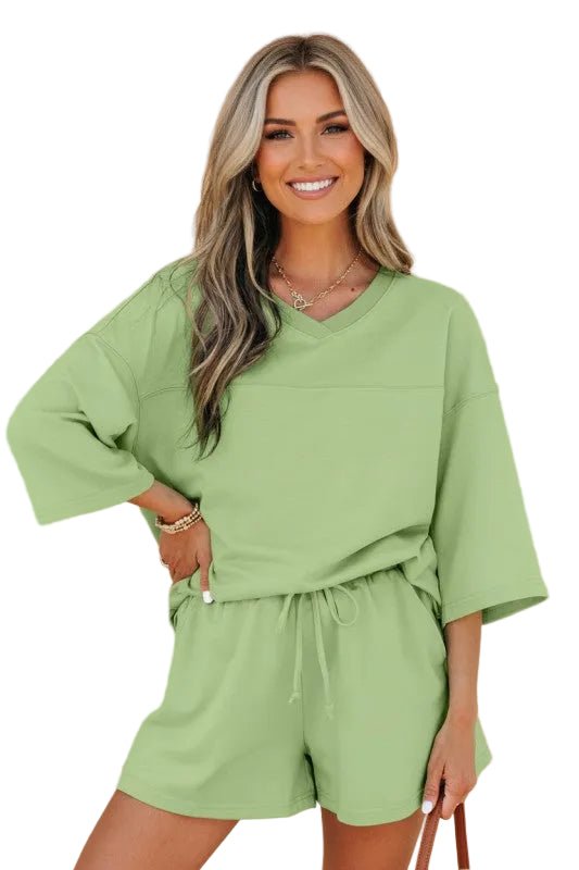 Solid Loose V - Neck Tee & Drawstring Shorts Set - Robbi & Angel
