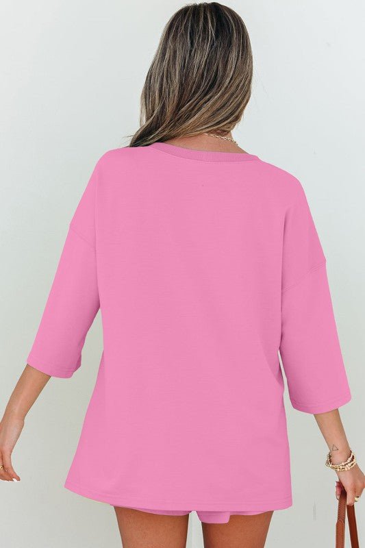 Solid Loose V - Neck Tee & Drawstring Shorts Set - Robbi & Angel