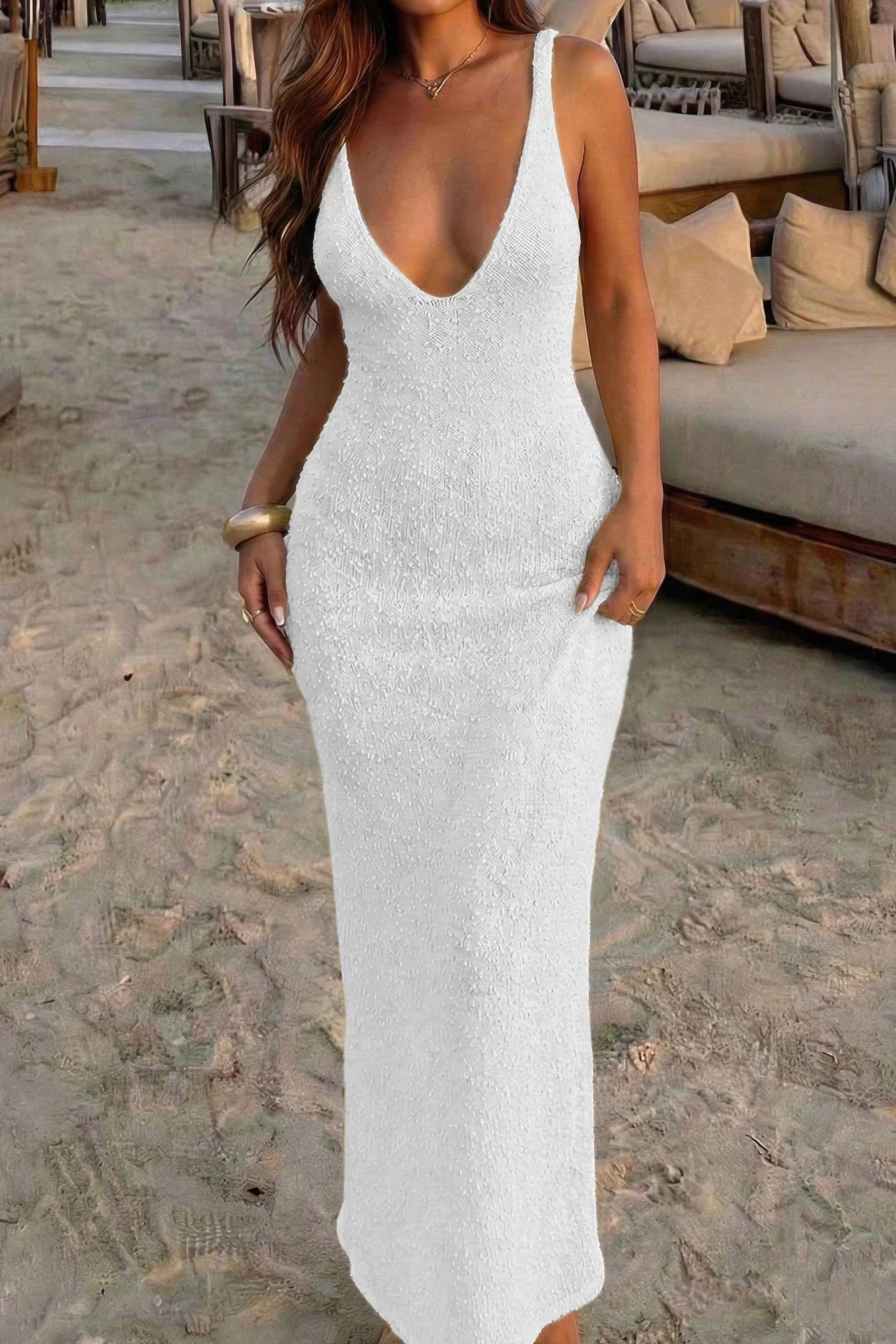 Solid V Neck Halter Cross Back Maxi Dress - Robbi & Angel