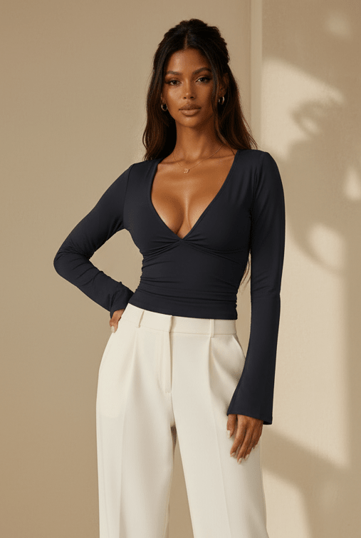 Solid V-Neck Long Sleeves Slim Fit T-Shirt - Robbi & Angel