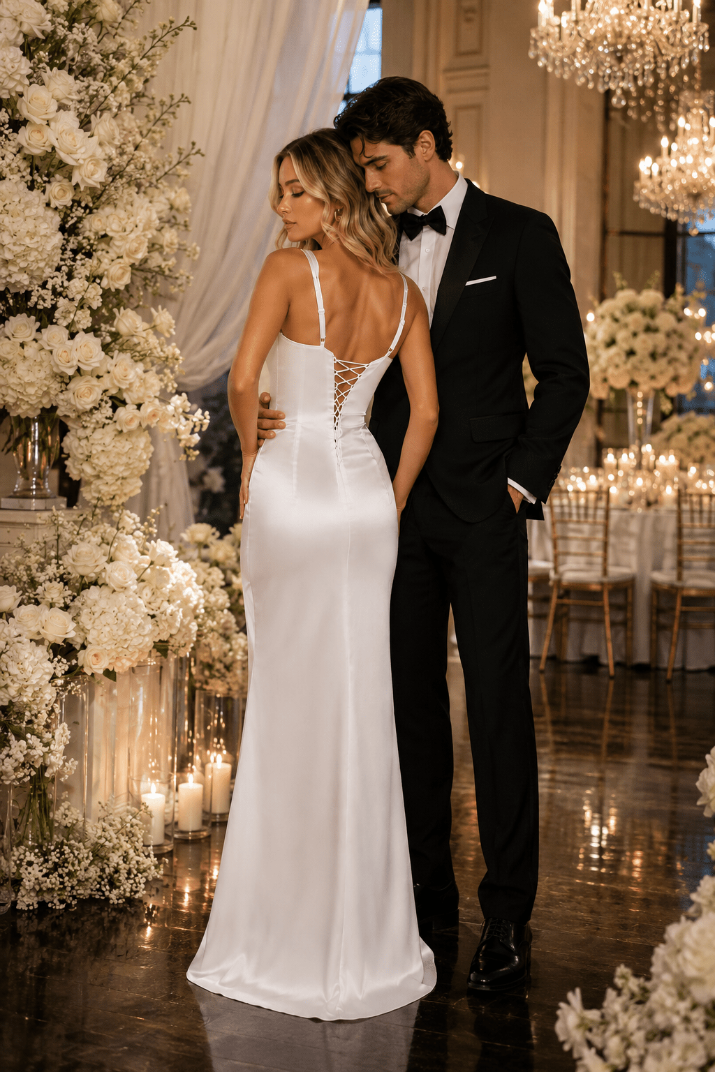Sophia Sleek Satin Adjustable Straps Fitted Off White Gown - Robbi & Angel