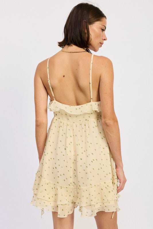 SPHAGHETTI STRAP RUFFLE ROMPER WITH TIE FRONT - Robbi & Angel