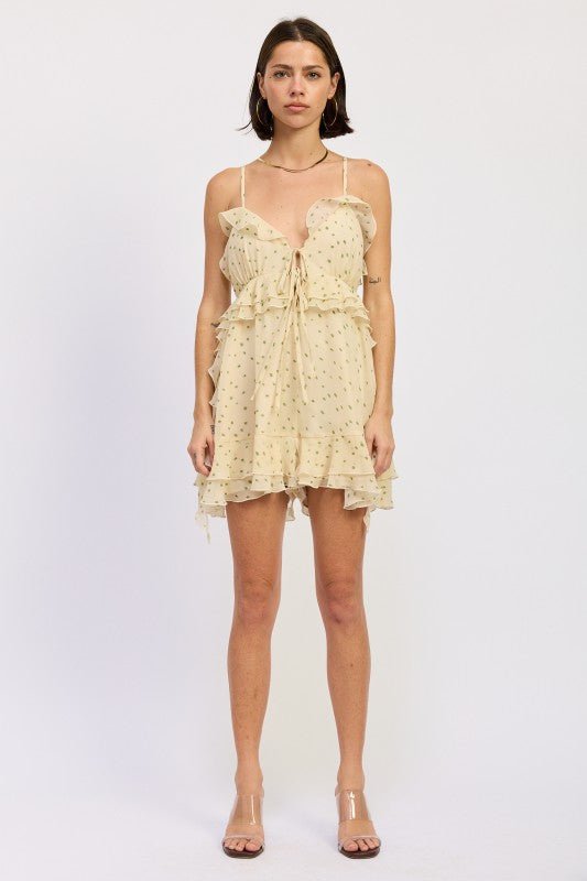 SPHAGHETTI STRAP RUFFLE ROMPER WITH TIE FRONT - Robbi & Angel