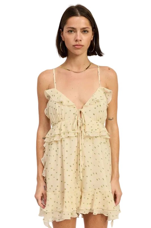 SPHAGHETTI STRAP RUFFLE ROMPER WITH TIE FRONT - Robbi & Angel