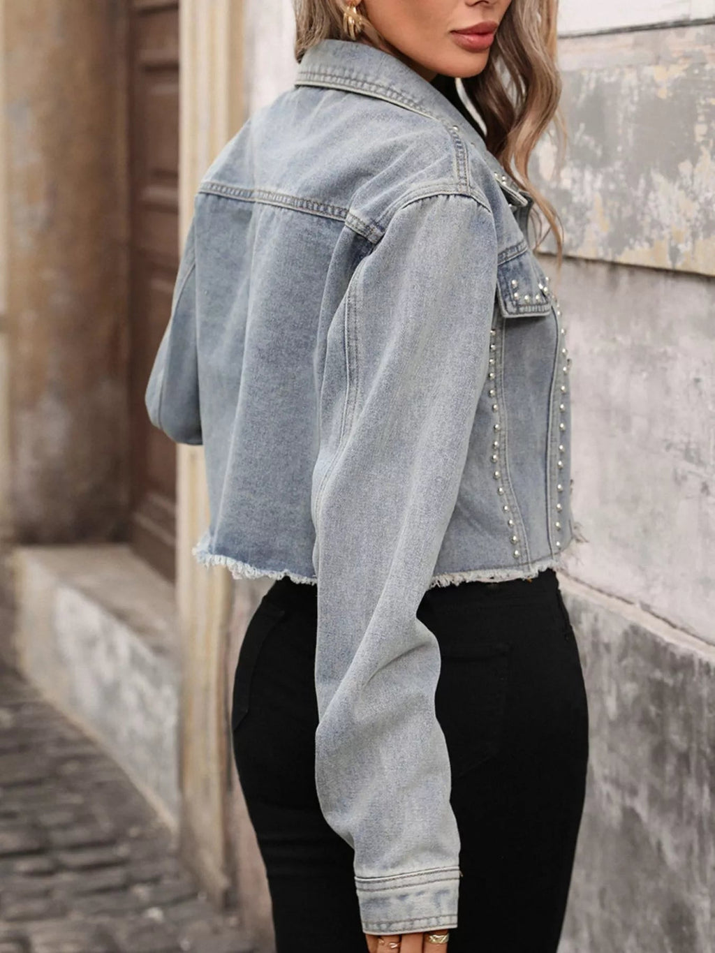 Studded Raw Hem Denim Jacket - Robbi & Angel