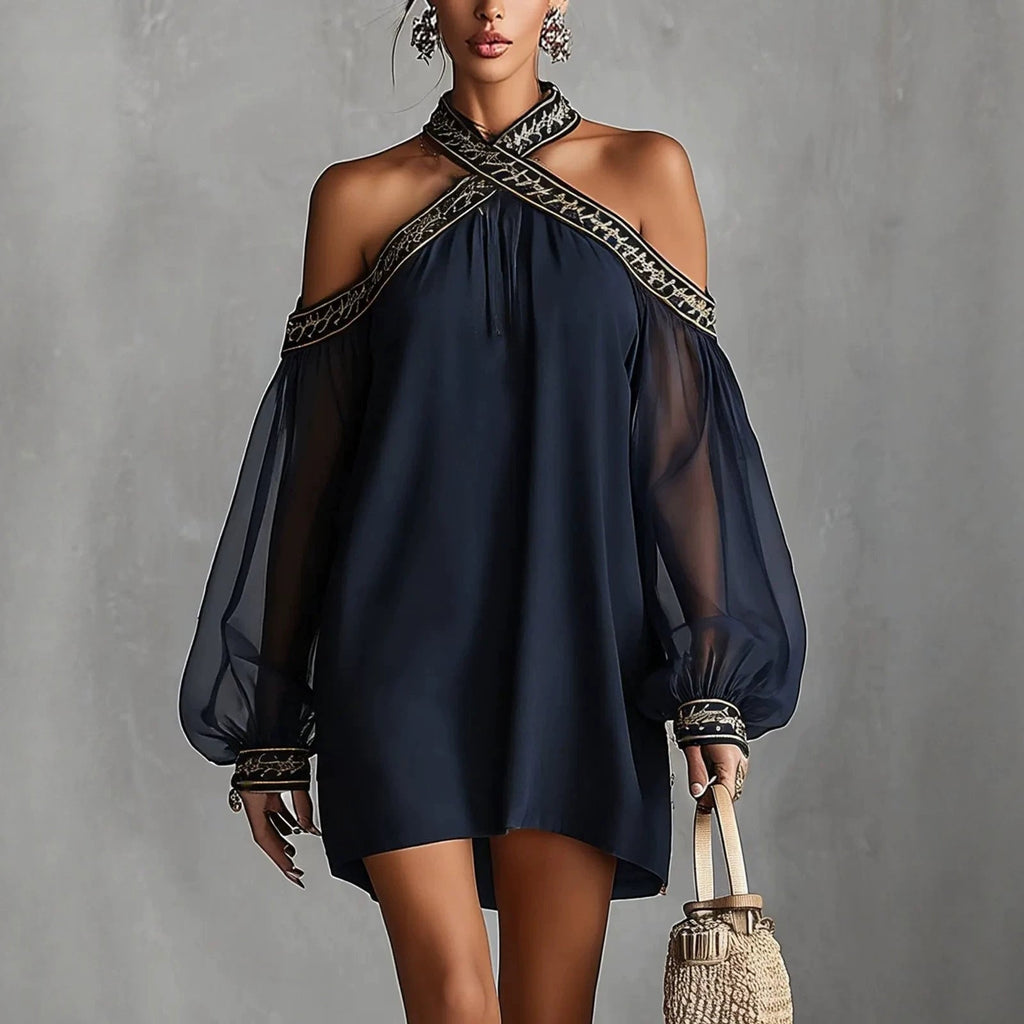 Tania Off-Shoulder Embroidered Sheer Lantern Sleeve A-Line Resort Dress - Robbi & Angel