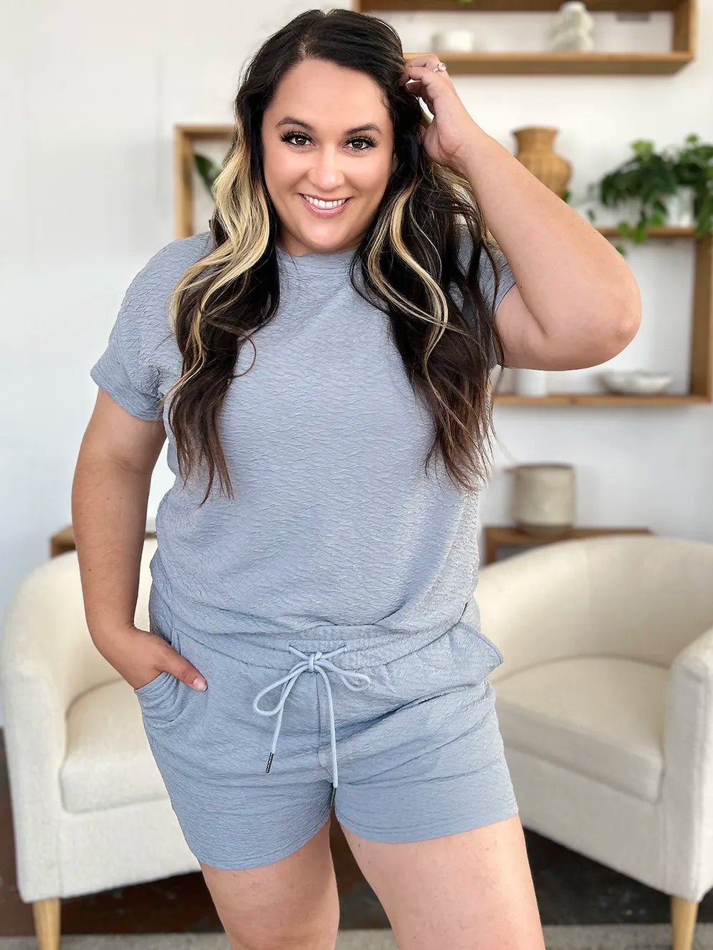 Texture Short Sleeve T-Shirt and Drawstring Shorts Set - Robbi & Angel