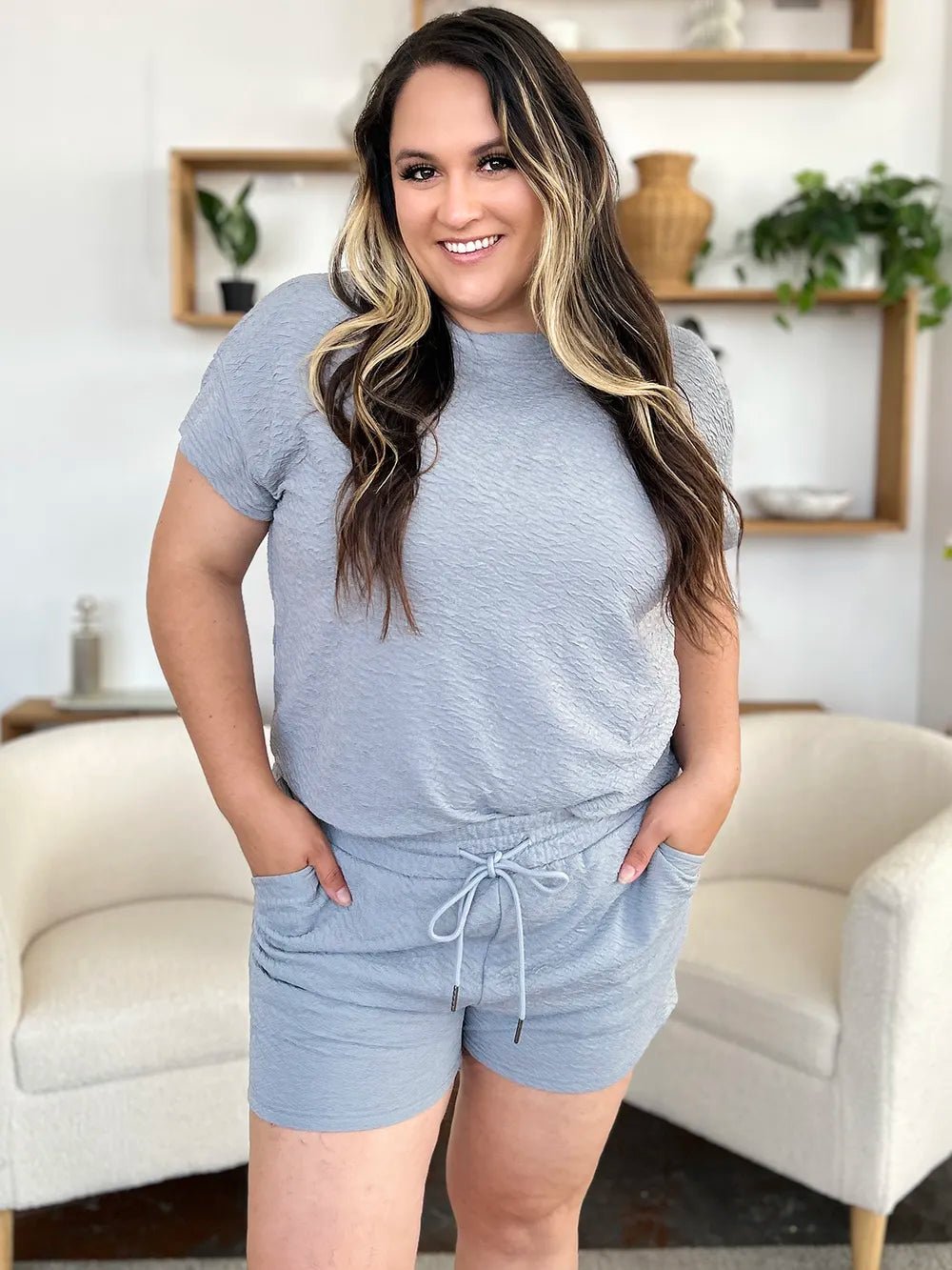 Texture Short Sleeve T-Shirt and Drawstring Shorts Set - Robbi & Angel