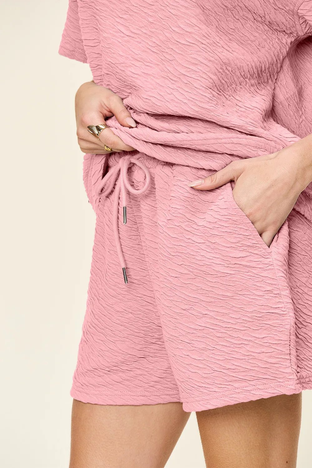 Texture Short Sleeve T-Shirt and Drawstring Shorts Set - Robbi & Angel