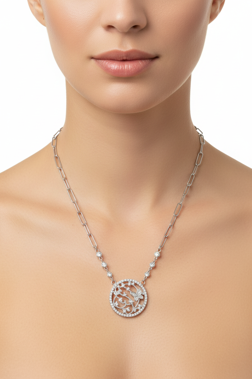 The Angelina: Crystal - Studded Butterfly Filigree Medallion Necklace - Robbi & Angel
