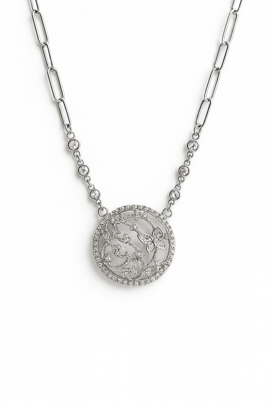 The Angelina: Crystal - Studded Butterfly Filigree Medallion Necklace - Robbi & Angel