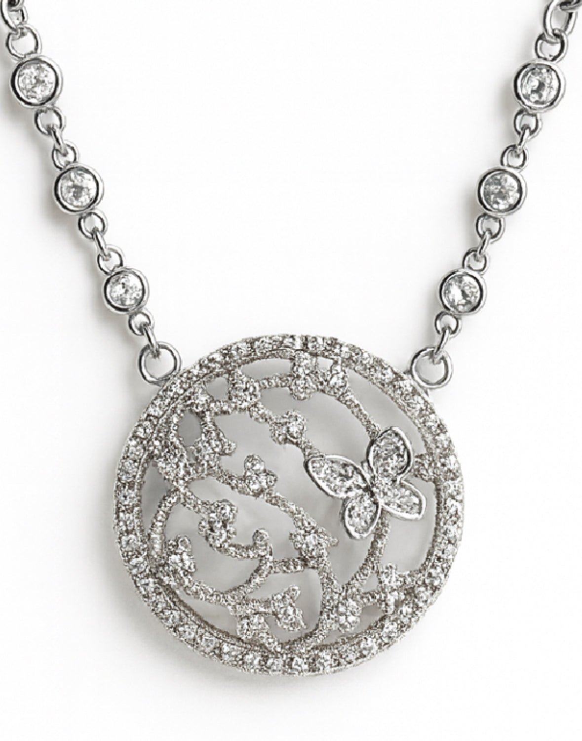 The Angelina: Crystal - Studded Butterfly Filigree Medallion Necklace - Robbi & Angel