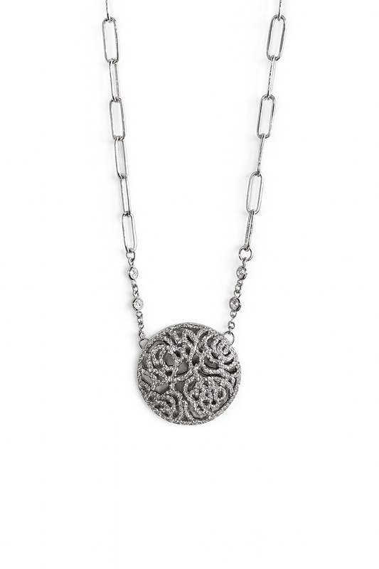 The Victoria : Crystal Silver Round Medallion Paper Clip Necklace - Robbi & Angel