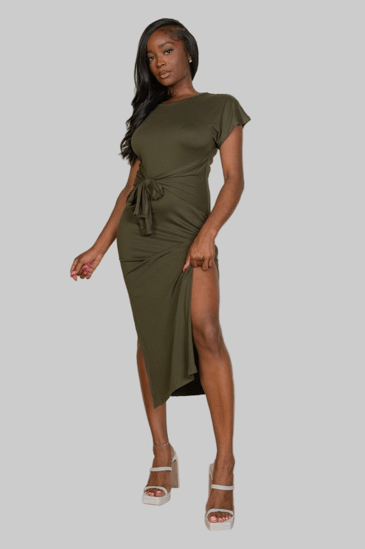 Tie Front Short Sleeve Side Slit Dress - Robbi & Angel