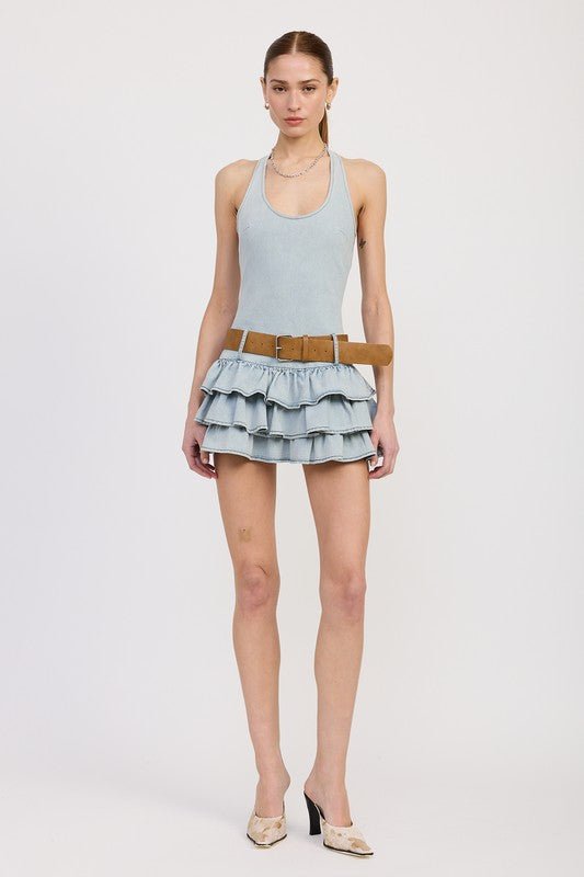 Tiered Mini Dress With Halter Neck And Belt - Robbi & Angel