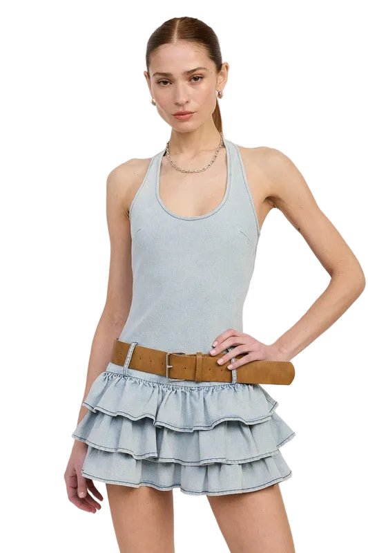 Tiered Mini Dress With Halter Neck And Belt - Robbi & Angel