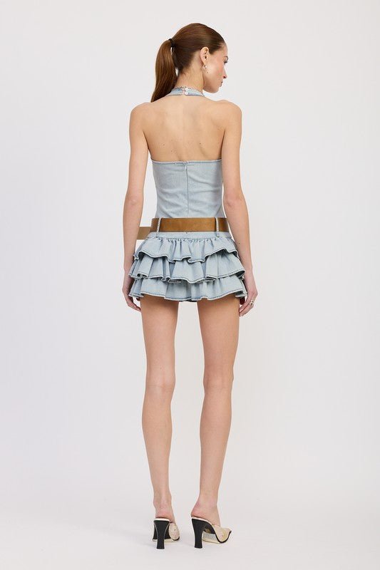 Tiered Mini Dress With Halter Neck And Belt - Robbi & Angel