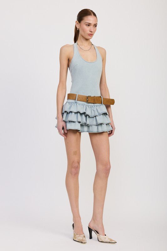 Tiered Mini Dress With Halter Neck And Belt - Robbi & Angel