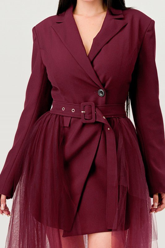 Tulle Overlay Belted Blazer Dress - Robbi & Angel