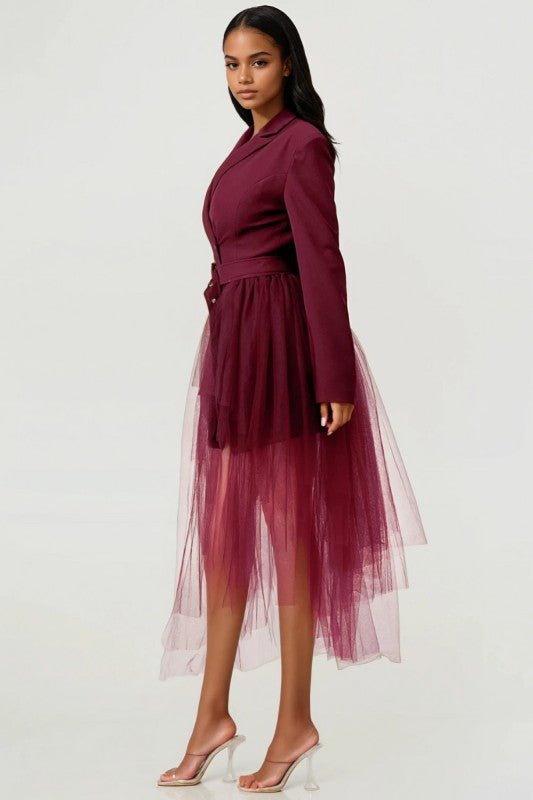 Tulle Overlay Belted Blazer Dress - Robbi & Angel