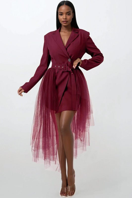Tulle Overlay Belted Blazer Dress - Robbi & Angel