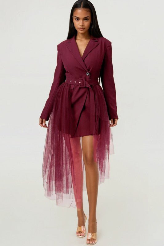 Tulle Overlay Belted Blazer Dress - Robbi & Angel