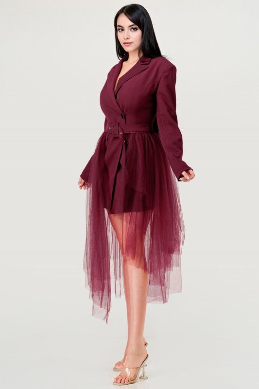 Tulle Overlay Belted Blazer Dress - Robbi & Angel