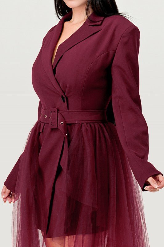 Tulle Overlay Belted Blazer Dress - Robbi & Angel