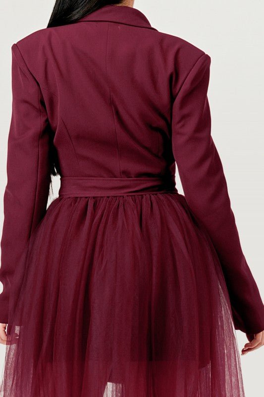 Tulle Overlay Belted Blazer Dress - Robbi & Angel