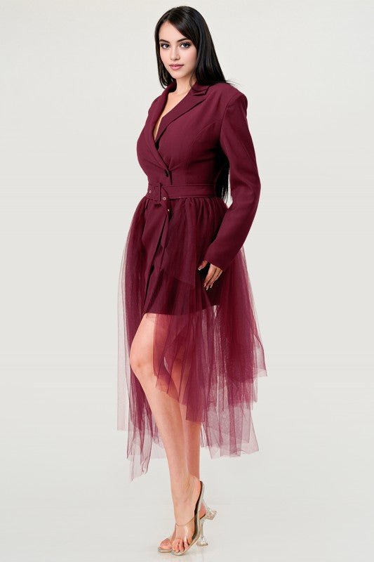 Tulle Overlay Belted Blazer Dress - Robbi & Angel