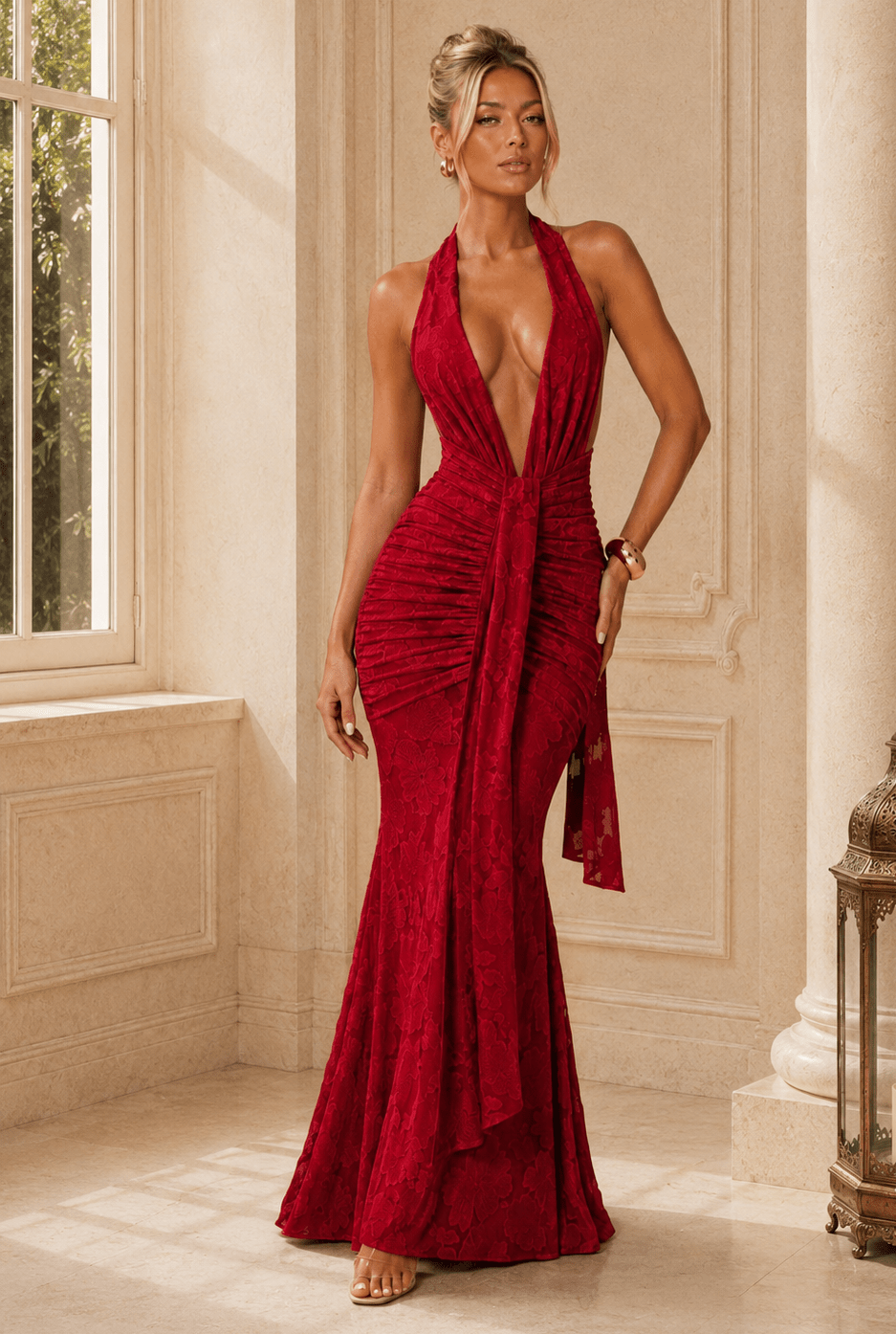 Tullia Lace Pleated Deep V Plunge Neck Backless Sheath Dress - Robbi & Angel